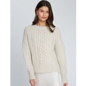 AUTUMN CASHMERE Women's Fisherman Cable Crew Pleated Sleeve Beige Size XS